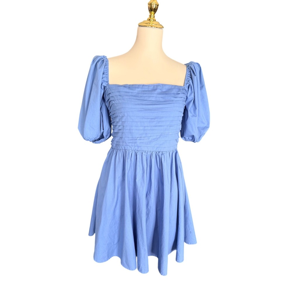Abercrombie & Fitch Blue Pleated Puff Sleeve Smocked Mini Dress Womens Size M
